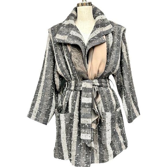 Basile Jackets & Blazers - Vintage Striped Grey and Black Wool Knit Belted Winter Coat, Size Medium fit